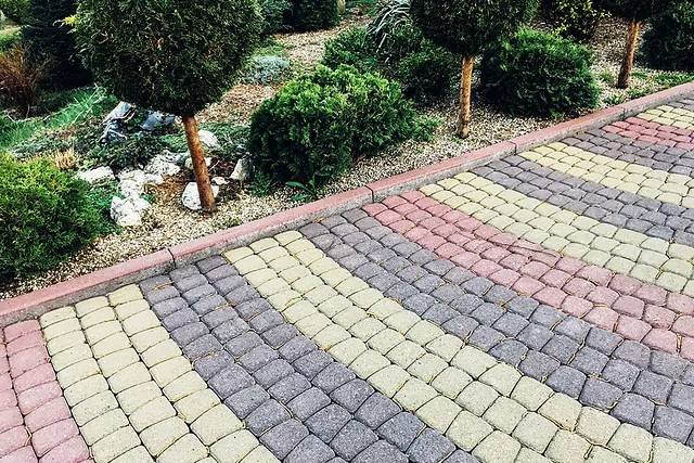 Patterned multi-colour block-paved driveway